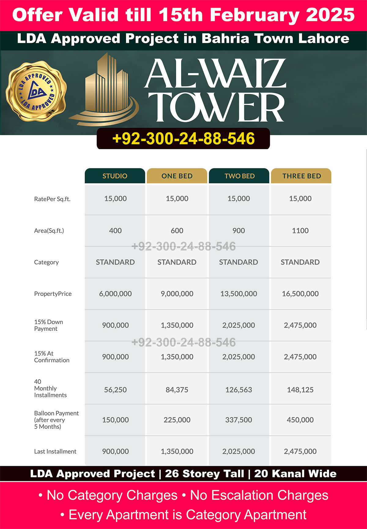 Al Waiz Tower Payment Plan Booking by Al Waiz Group Bahria Town Lahore LDA Approved Project