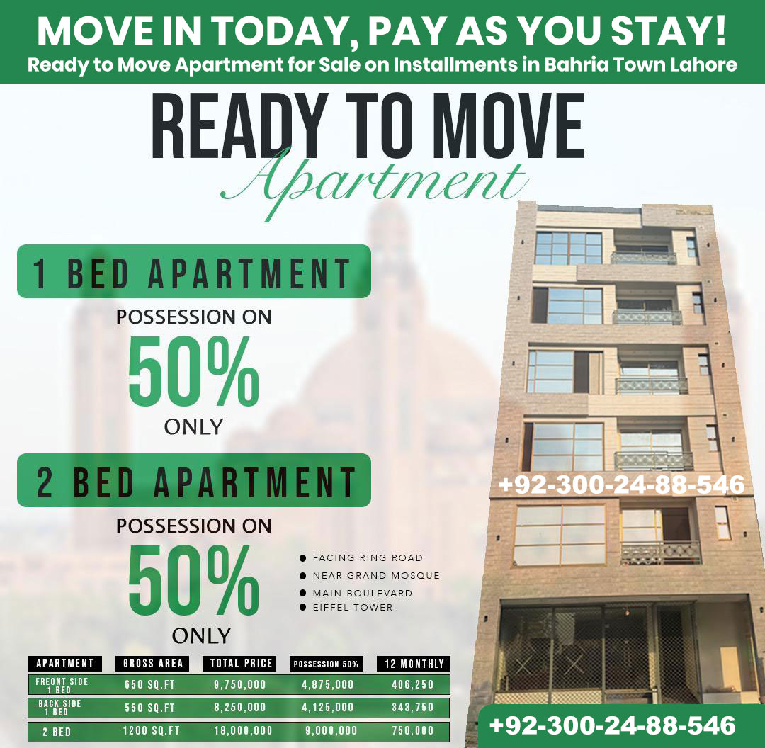 Ready to Move Apartments Flats for Sale in Bahria Town Lahore On Installment