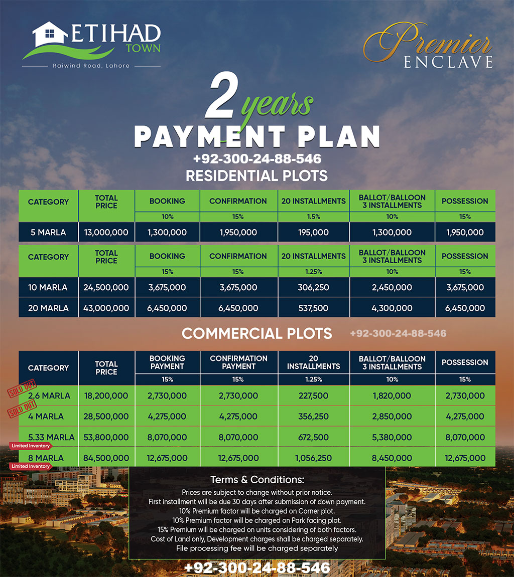 Etihad Town Lahore Phase 1 Payment Plan