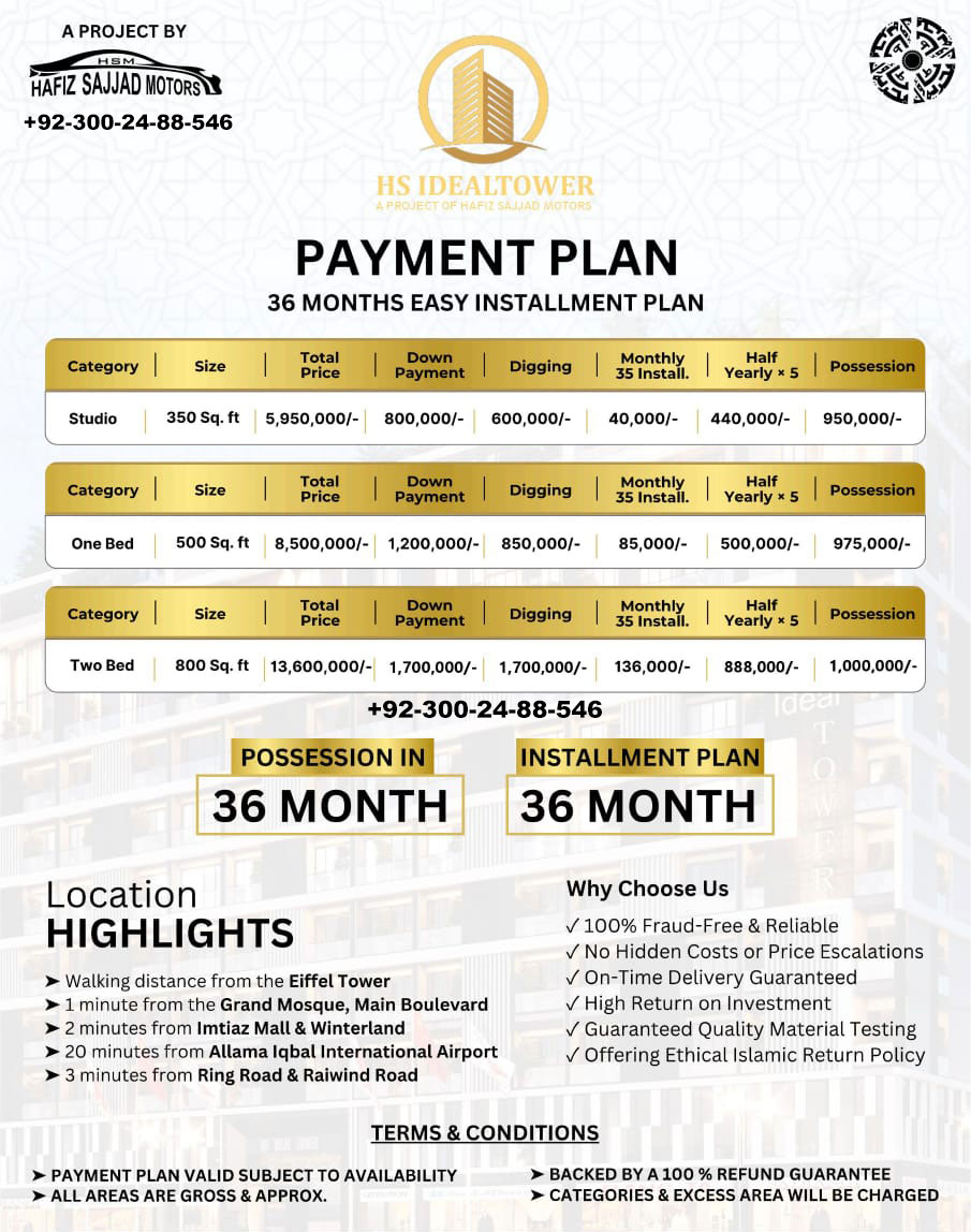 HS Ideal Tower Payment Plan Bahria Town Lahore Downtown by Hafiz Sajjad Builders