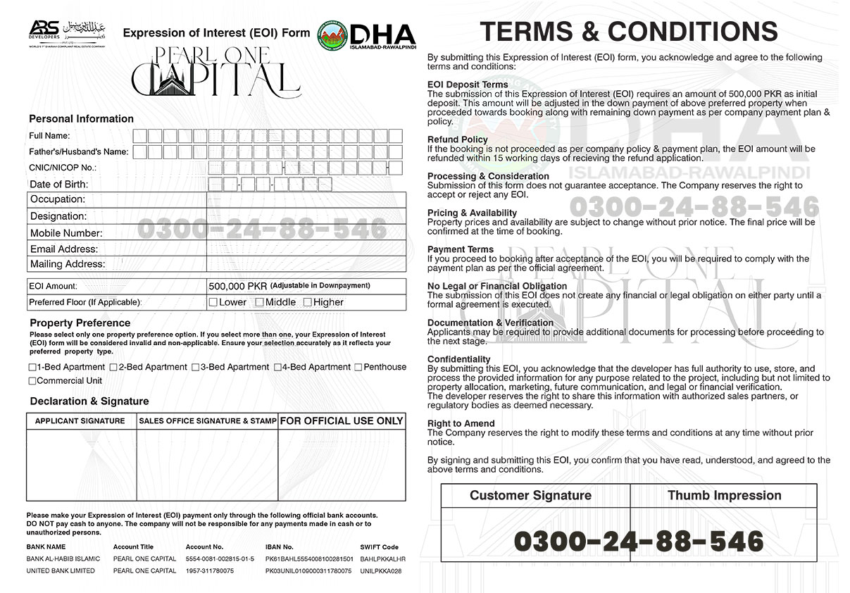 Pearl One Capital Booking Form