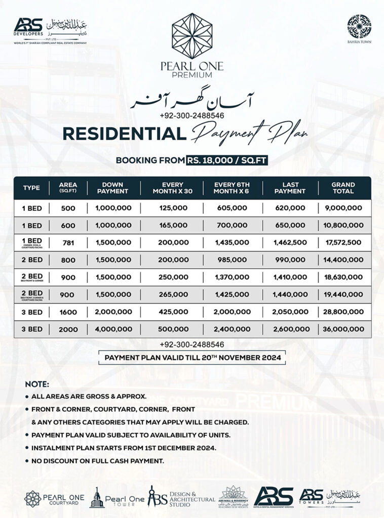 Pearl One Courtyard Premium Payment Plan - Apartments Asaan Ghar Offer