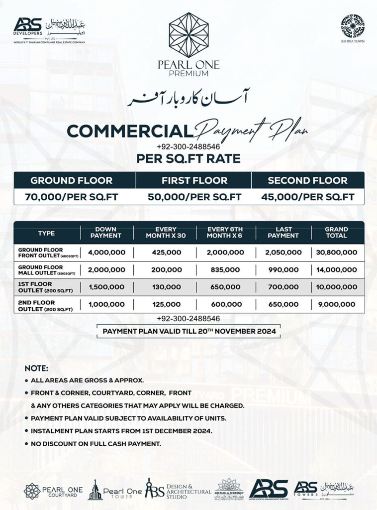 Pearl One Courtyard Premium Payment Plan - Commercial Asaan Karobar Offer