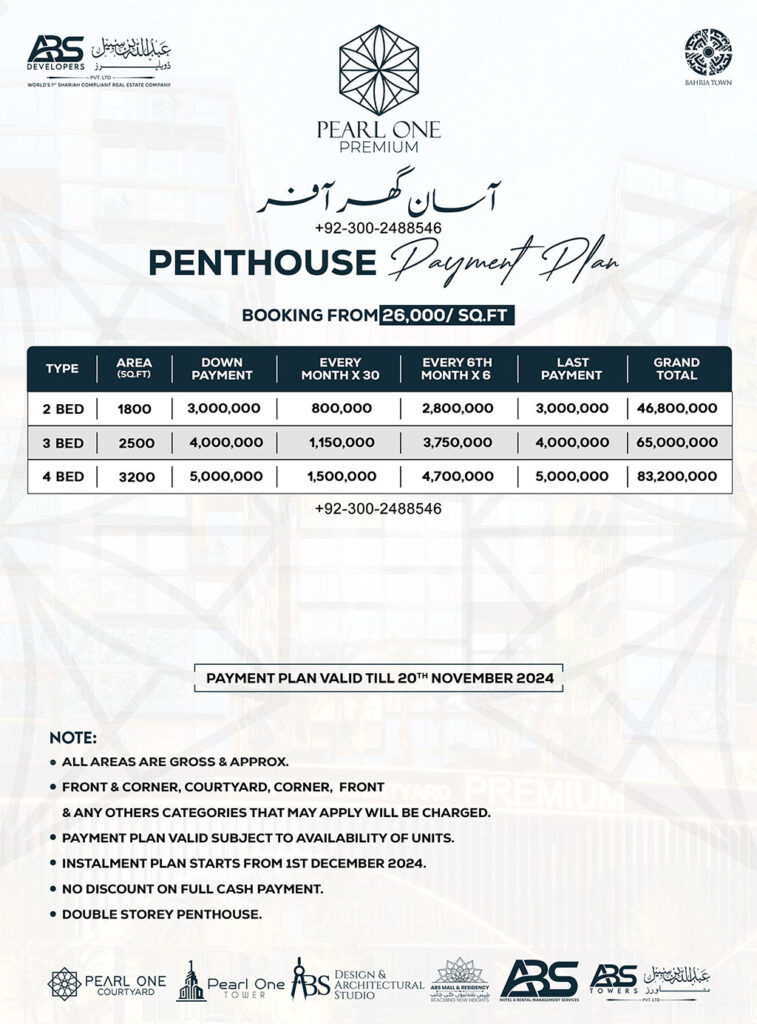 Pearl One Courtyard Premium Payment Plan - Penthouse Asaan Ghar Offer